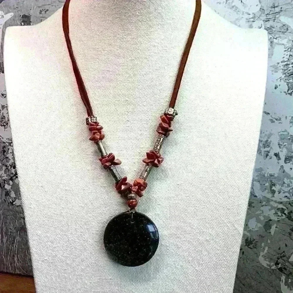 Mexico Leather Necklace with Sunstone and Glass Green Pendant